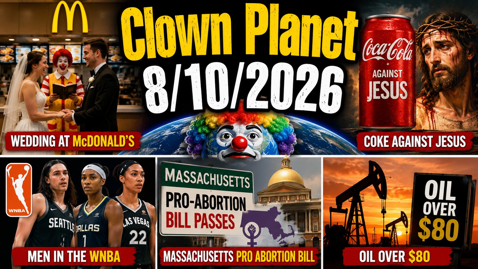 Clown Planet 8/10/2026: Massachusetts Abortion Bill, Coke vs Jesus, Oil Over , Men in the WNBA